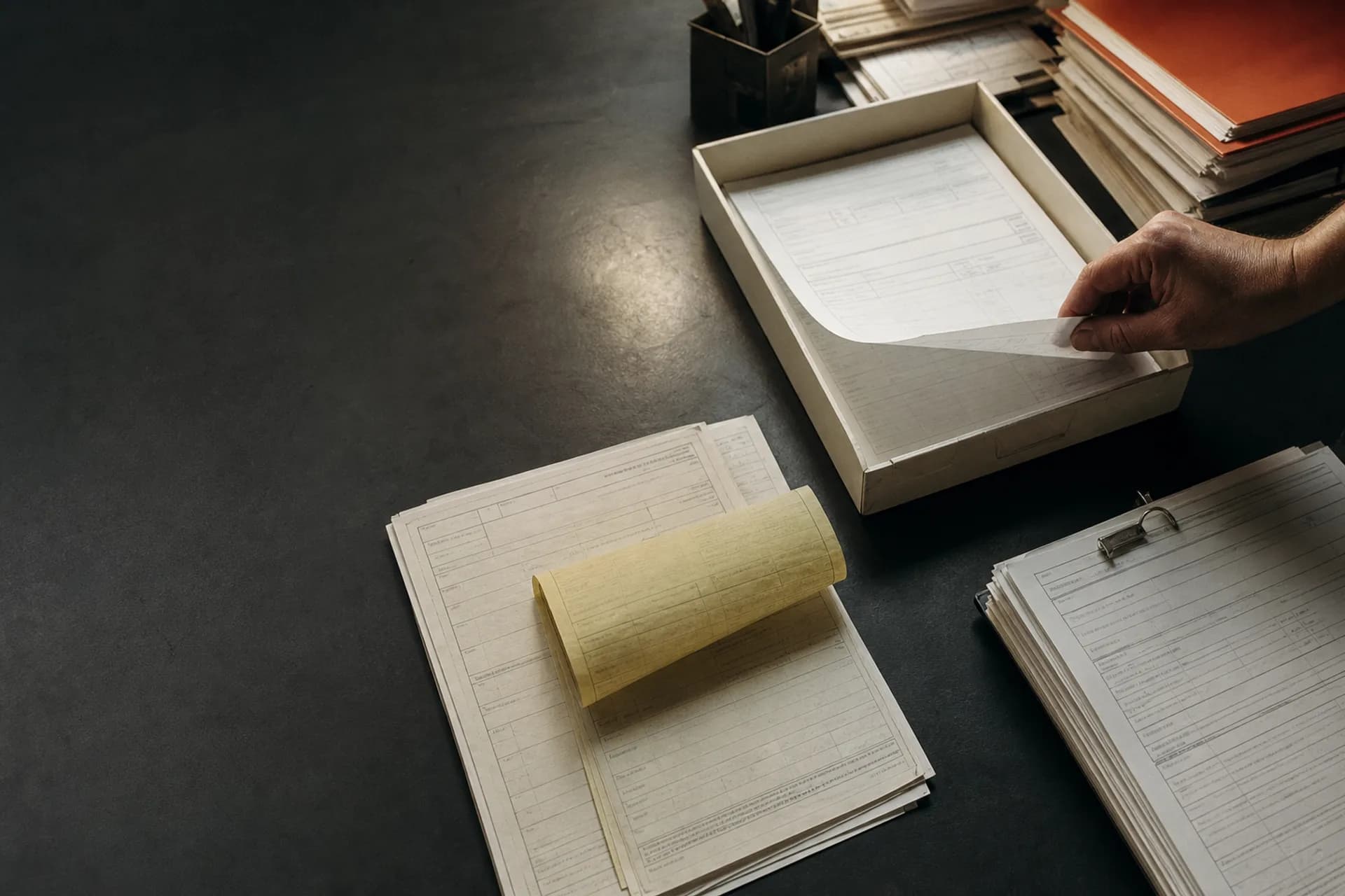 Une main retire un formulaire redondant parmi plusieurs dossiers papier