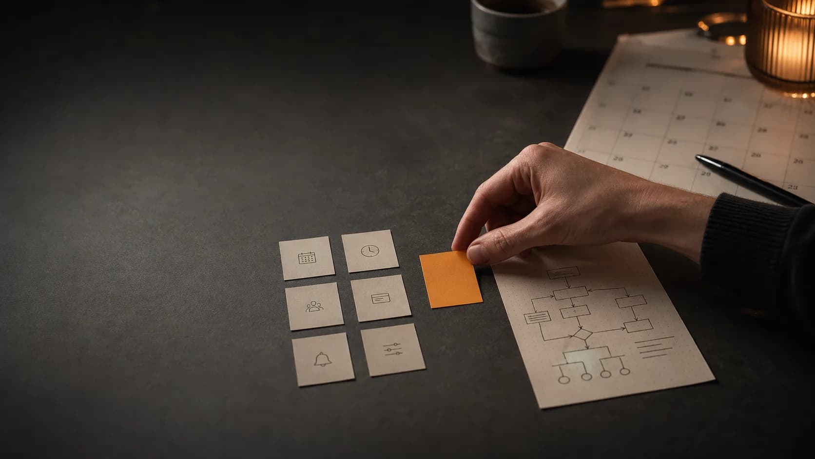 Une main compare des modules de réservation à un processus métier dessiné