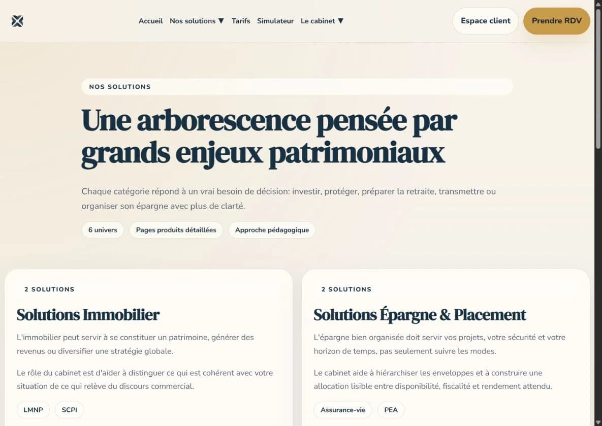 Le site Clément Velten Consulting : une offre organisée par besoins patrimoniaux, du placement à l’immobilier.
